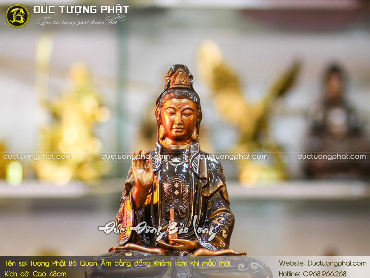 Tượng Phật Bà Quan Âm Bằng Đồng 48cm Khảm Tam Khí mẫu mới 3