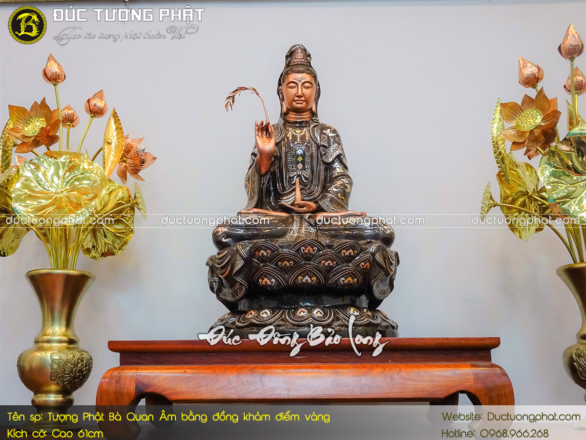 Tượng Phật Bà Quan Âm Bằng Đồng 61cm Khảm Điểm Vàng 2
