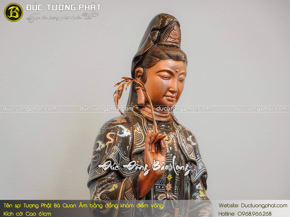 Tượng Phật Bà Quan Âm Bằng Đồng 61cm Khảm Điểm Vàng 4