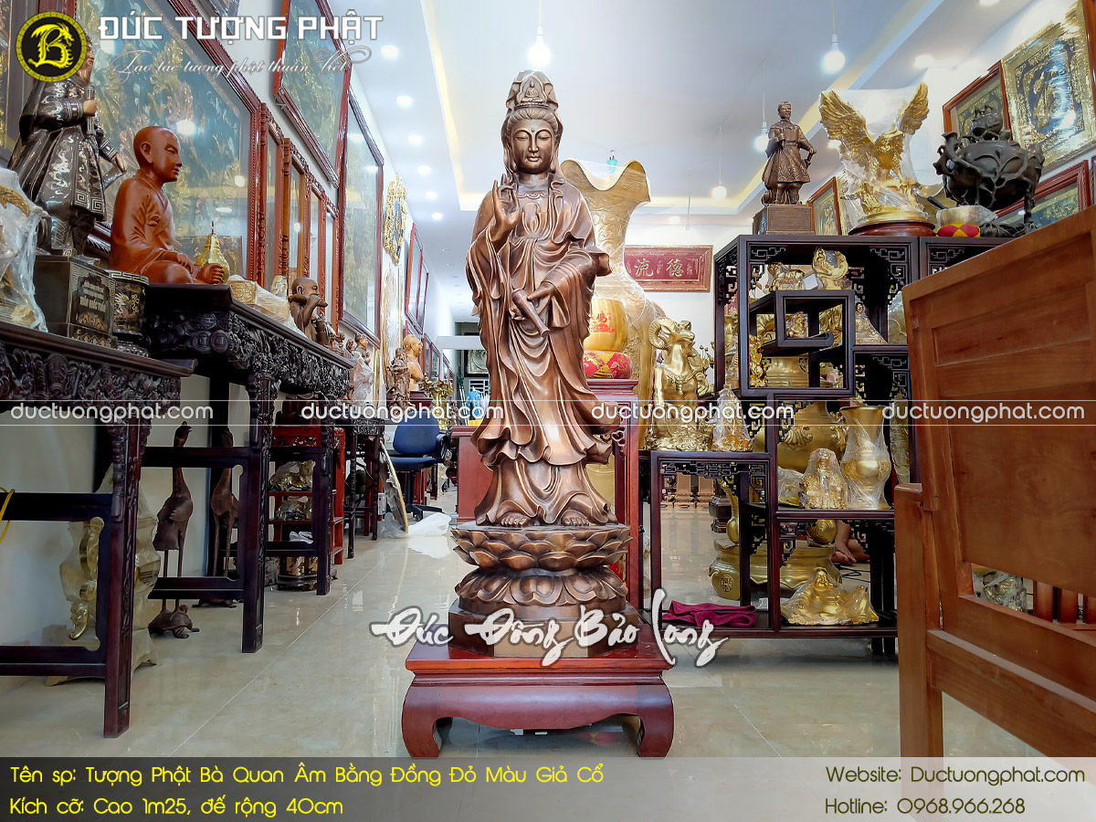 Tượng Phật Bà Quan Âm Bằng Đồng Đỏ Cao 1m25 Màu Giả Cổ 2