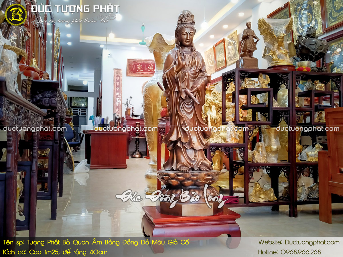 Tượng Phật Bà Quan Âm Bằng Đồng Đỏ Cao 1m25 Màu Giả Cổ 5