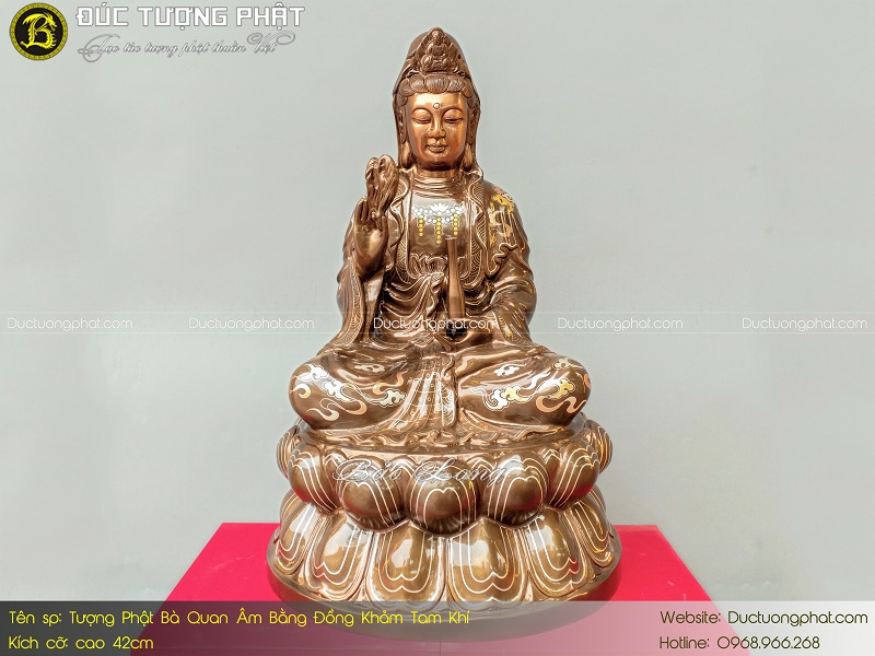 Tượng Phật Bà Quan Âm Bằng Đồng 42cm Khảm Tam Khí 2