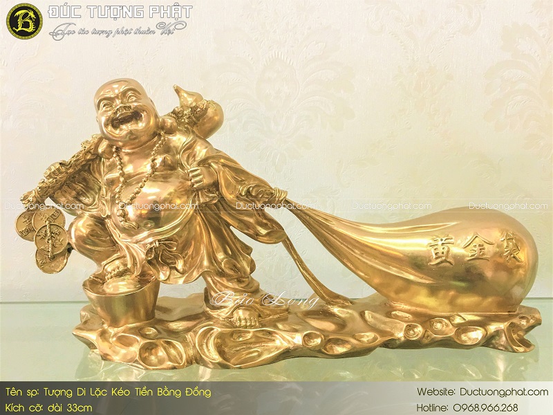 Tượng Phật Di Lặc Kéo Bao Tiền Bằng Đồng Dài 33cm 2