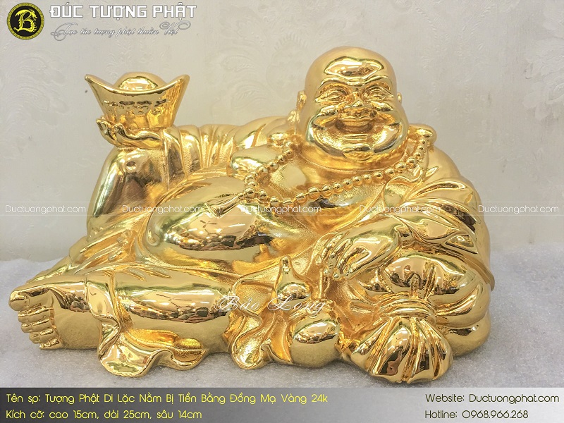 Tượng Phật Di Lặc Nằm Trên Bị Tiền Bằng Đồng Mạ Vàng 24k 2