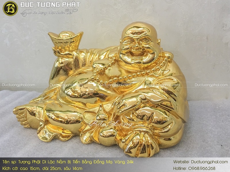 Tượng Phật Di Lặc Nằm Trên Bị Tiền Bằng Đồng Mạ Vàng 24k 4