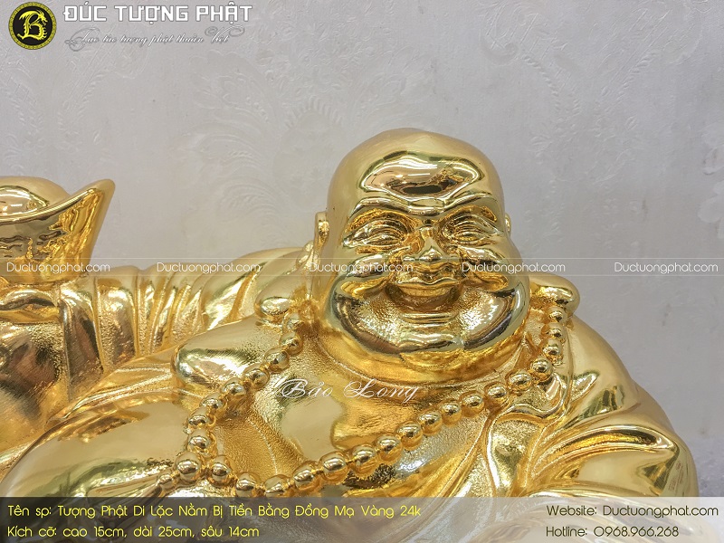 Tượng Phật Di Lặc Nằm Trên Bị Tiền Bằng Đồng Mạ Vàng 24k 5