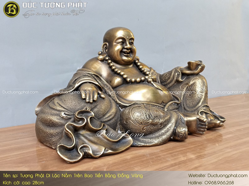 Tượng Phật Di Lặc Nằm Trên Bao Tải Tiền Bằng Đồng Vàng 28cm 3