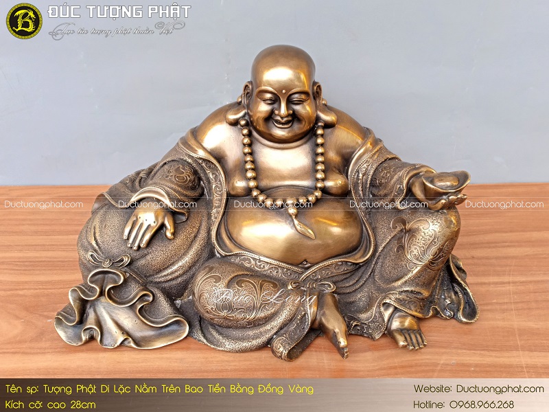 Tượng Phật Di Lặc Nằm Trên Bao Tải Tiền Bằng Đồng Vàng 28cm 6