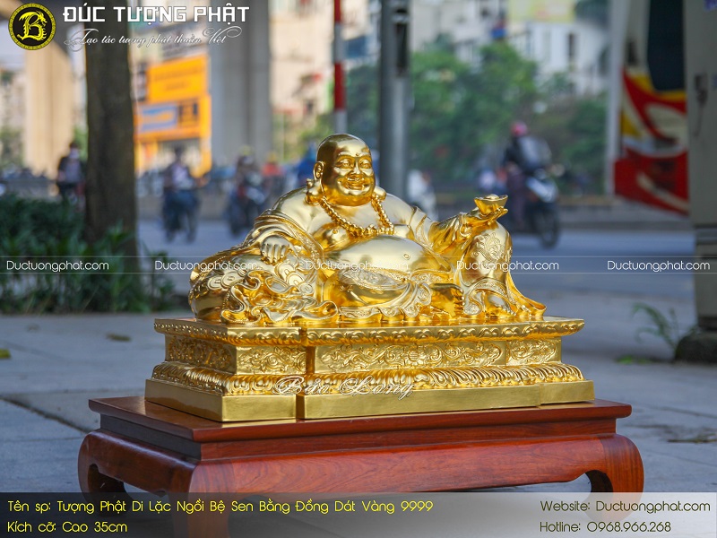 Tượng Phật Di Lặc Ngồi Bệ Sen Bằng Đồng Đỏ 35cm Dát Vàng 9999 3