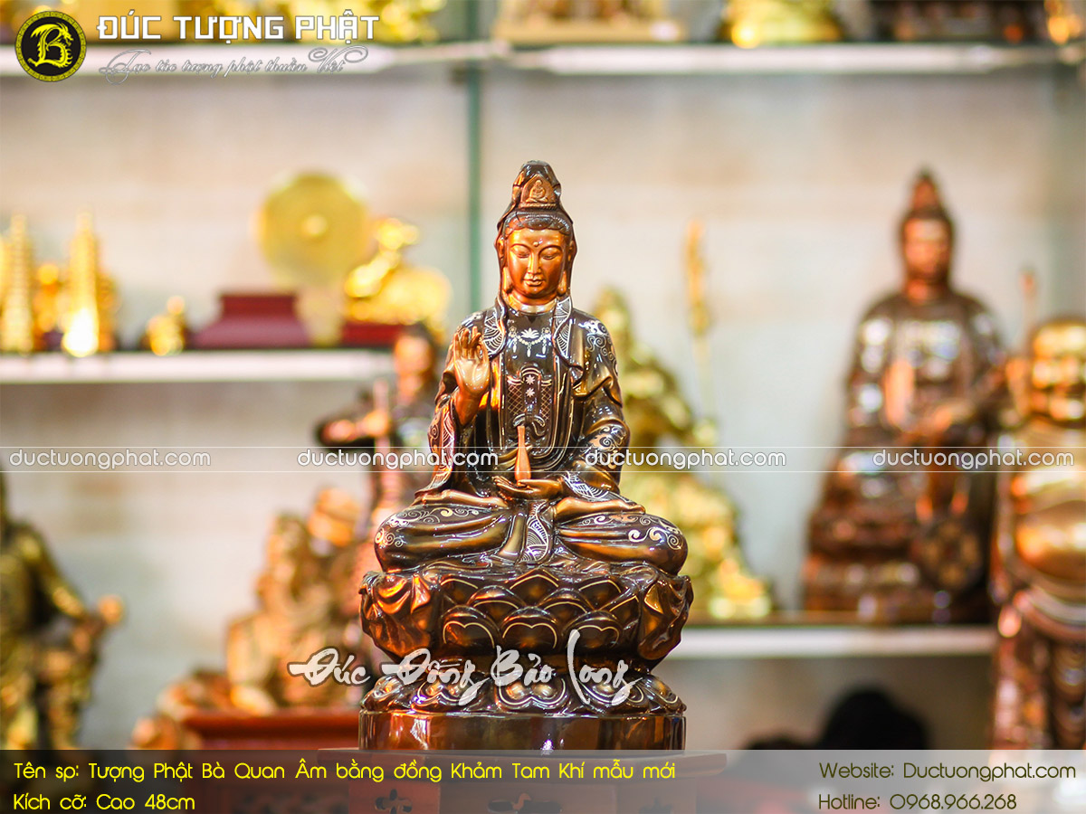 Tượng Phật Bà Quan Âm Bằng Đồng 48cm Khảm Tam Khí mẫu mới 2