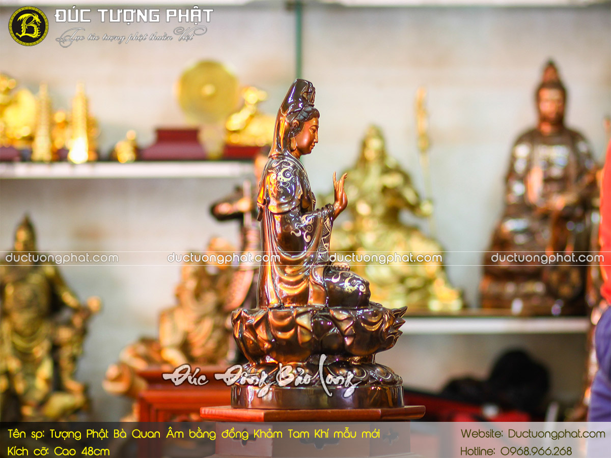 Tượng Phật Bà Quan Âm Bằng Đồng 48cm Khảm Tam Khí mẫu mới 4