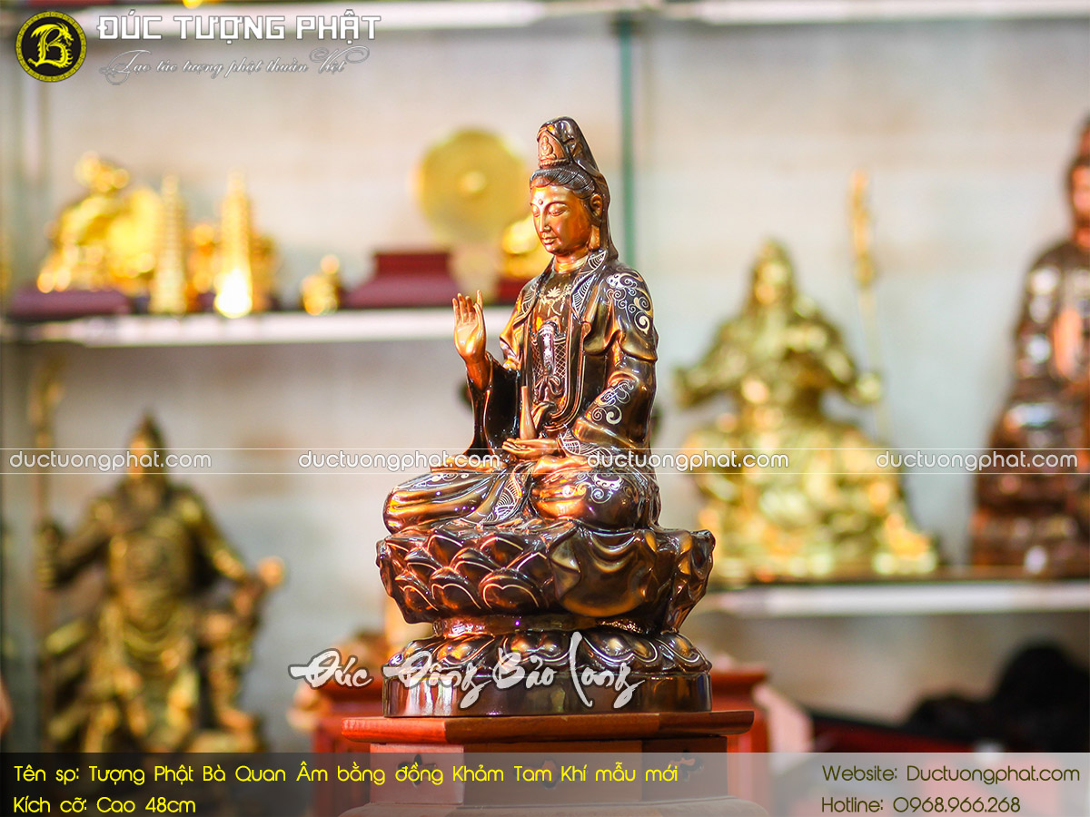 Tượng Phật Bà Quan Âm Bằng Đồng 48cm Khảm Tam Khí mẫu mới 6