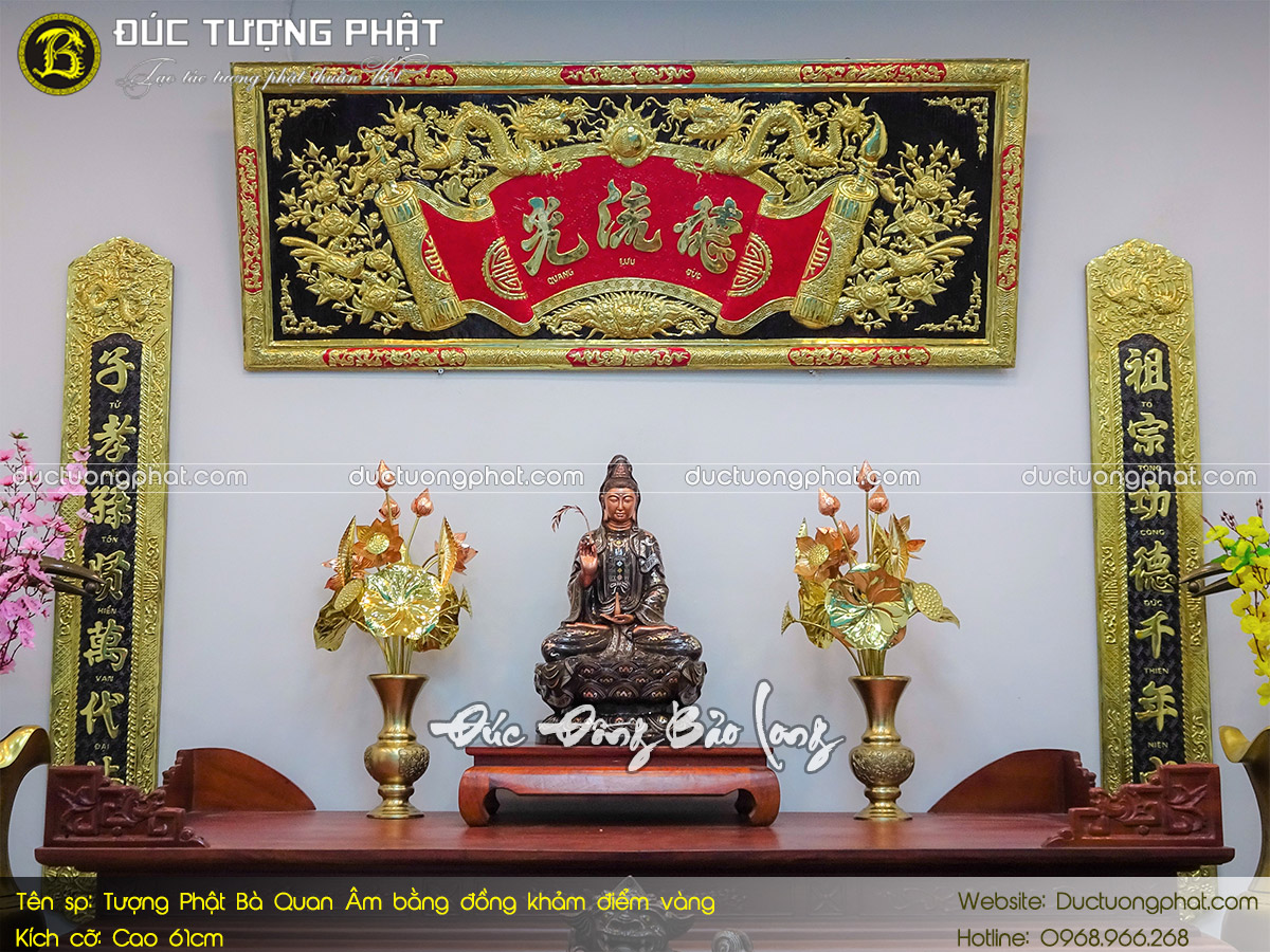 Tượng Phật Bà Quan Âm Bằng Đồng 61cm Khảm Điểm Vàng 7