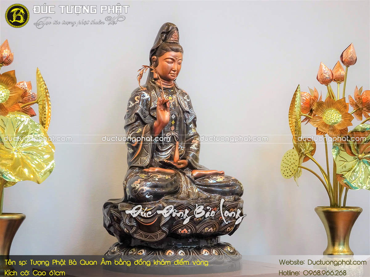 Tượng Phật Bà Quan Âm Bằng Đồng 61cm Khảm Điểm Vàng 3