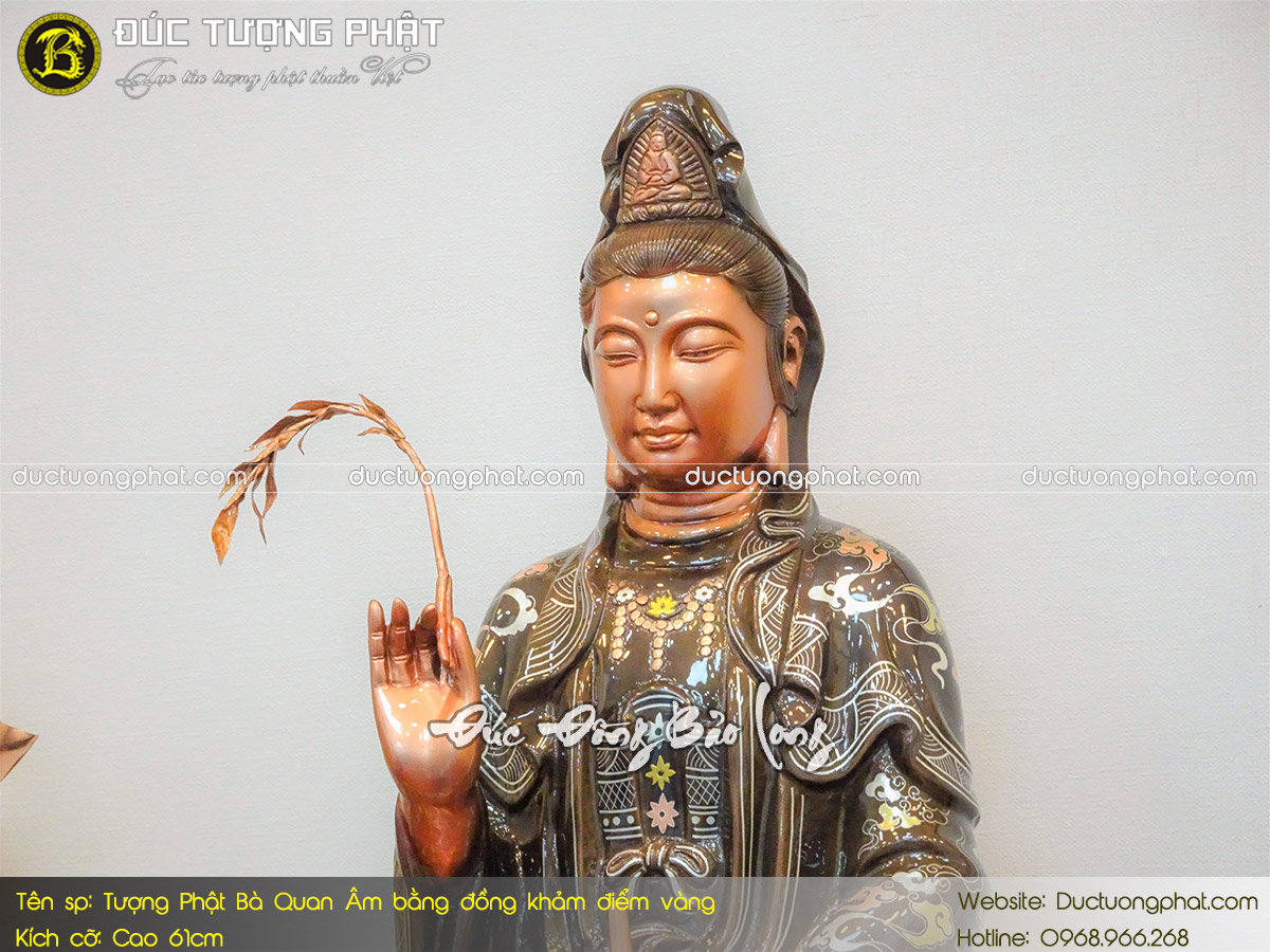 Tượng Phật Bà Quan Âm Bằng Đồng 61cm Khảm Điểm Vàng 6