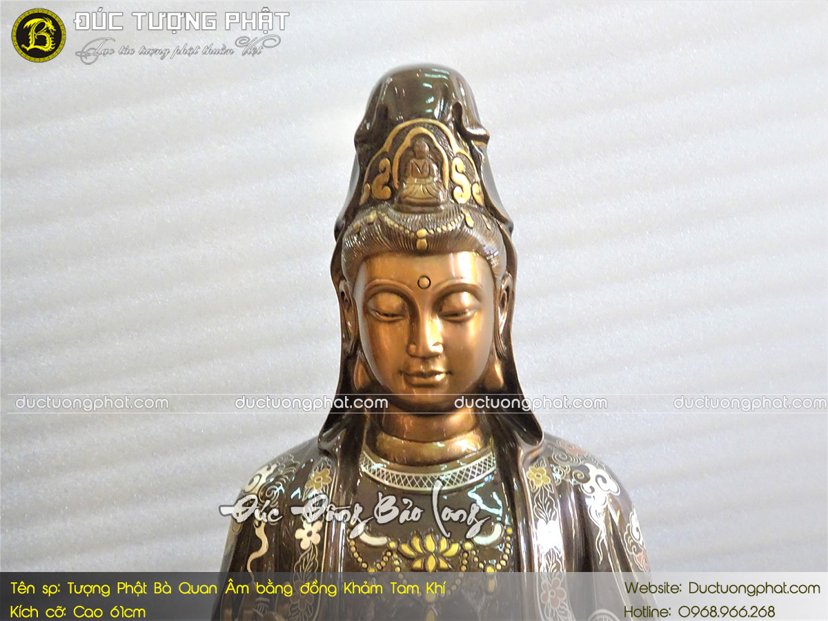 Tượng Phật Bà Quan Âm Bằng Đồng 61cm Khảm Tam Khí 3