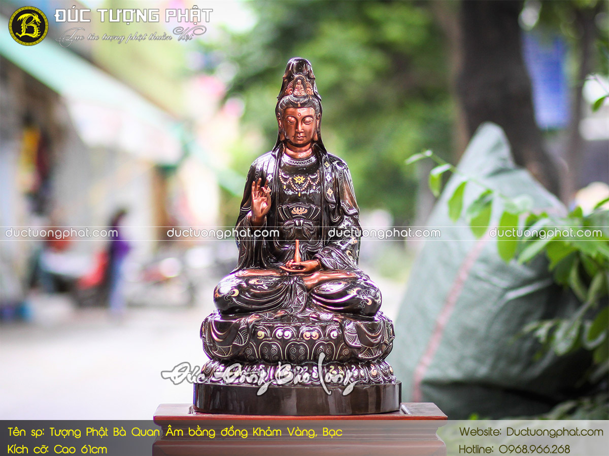Tượng Phật Bà Quan Âm Bằng Đồng 61cm Khảm Vàng, Bạc 3