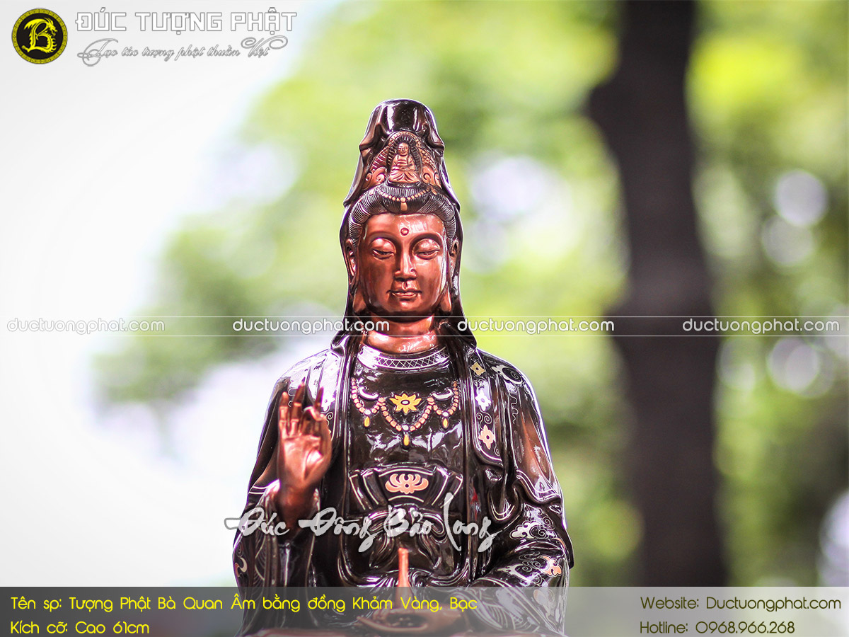Tượng Phật Bà Quan Âm Bằng Đồng 61cm Khảm Vàng, Bạc 5