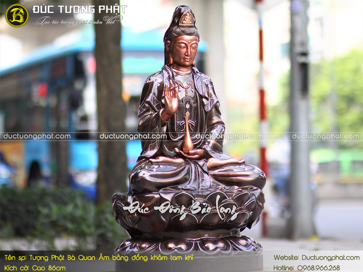 Tượng Phật Bà Quan Âm Bằng Đồng 86cm Khảm Tam Khí 3