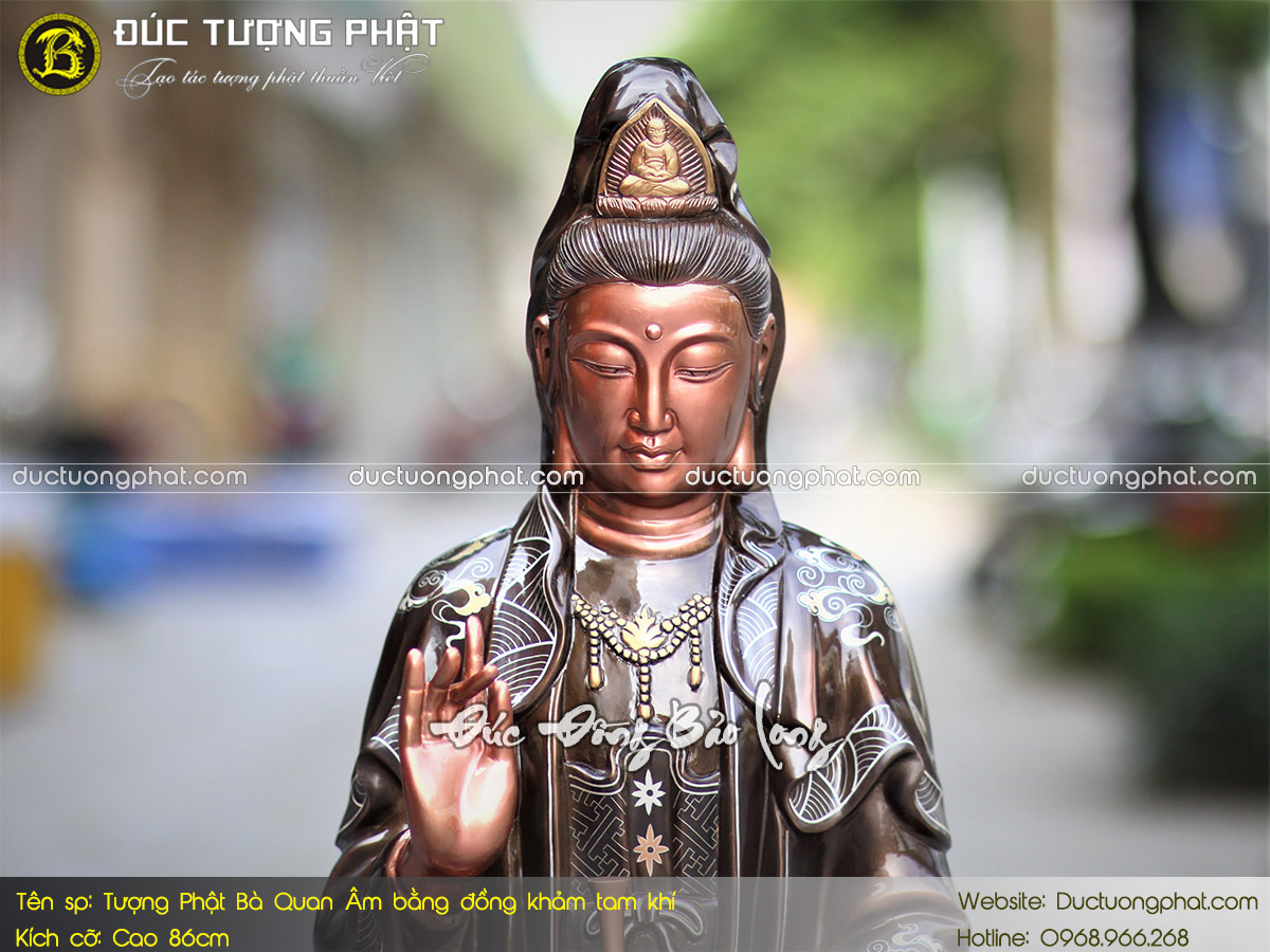 Tượng Phật Bà Quan Âm Bằng Đồng 86cm Khảm Tam Khí 4