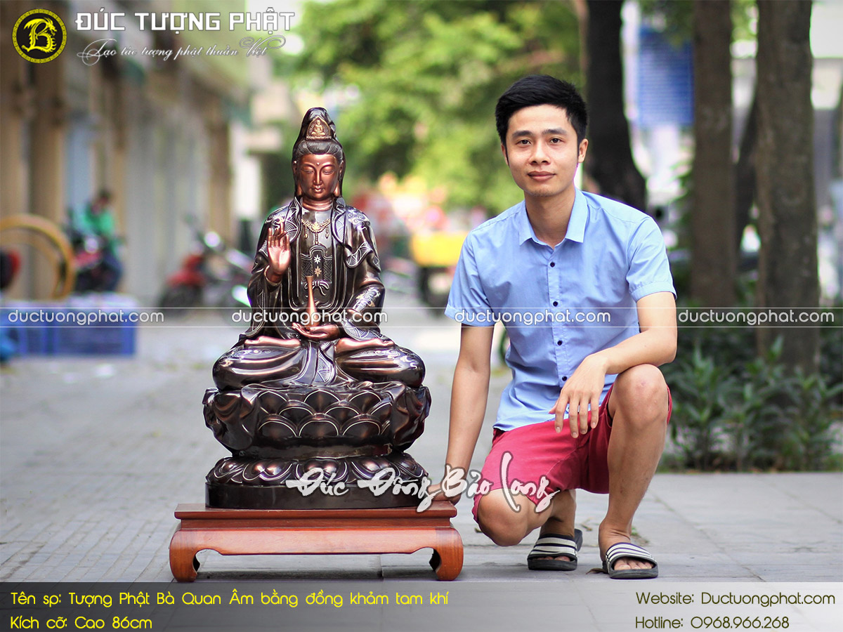 Tượng Phật Bà Quan Âm Bằng Đồng 86cm Khảm Tam Khí 2