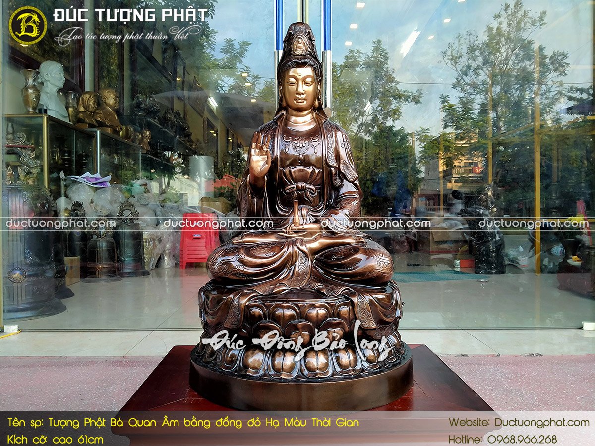 Tượng Phật Bà Quan Âm Bằng Đồng Đỏ Cao 61cm Hạ Màu Thời Gian 2