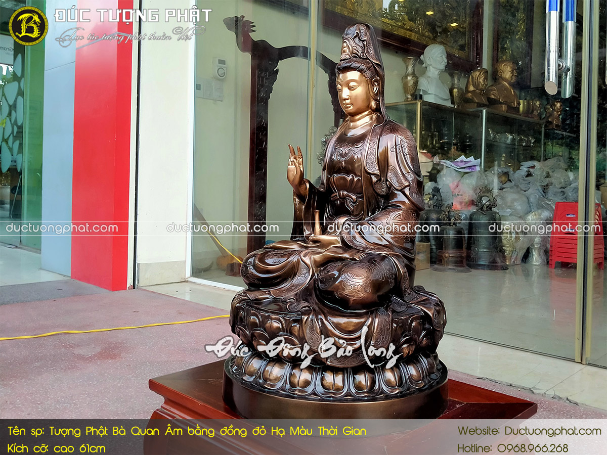 Tượng Phật Bà Quan Âm Bằng Đồng Đỏ Cao 61cm Hạ Màu Thời Gian 7