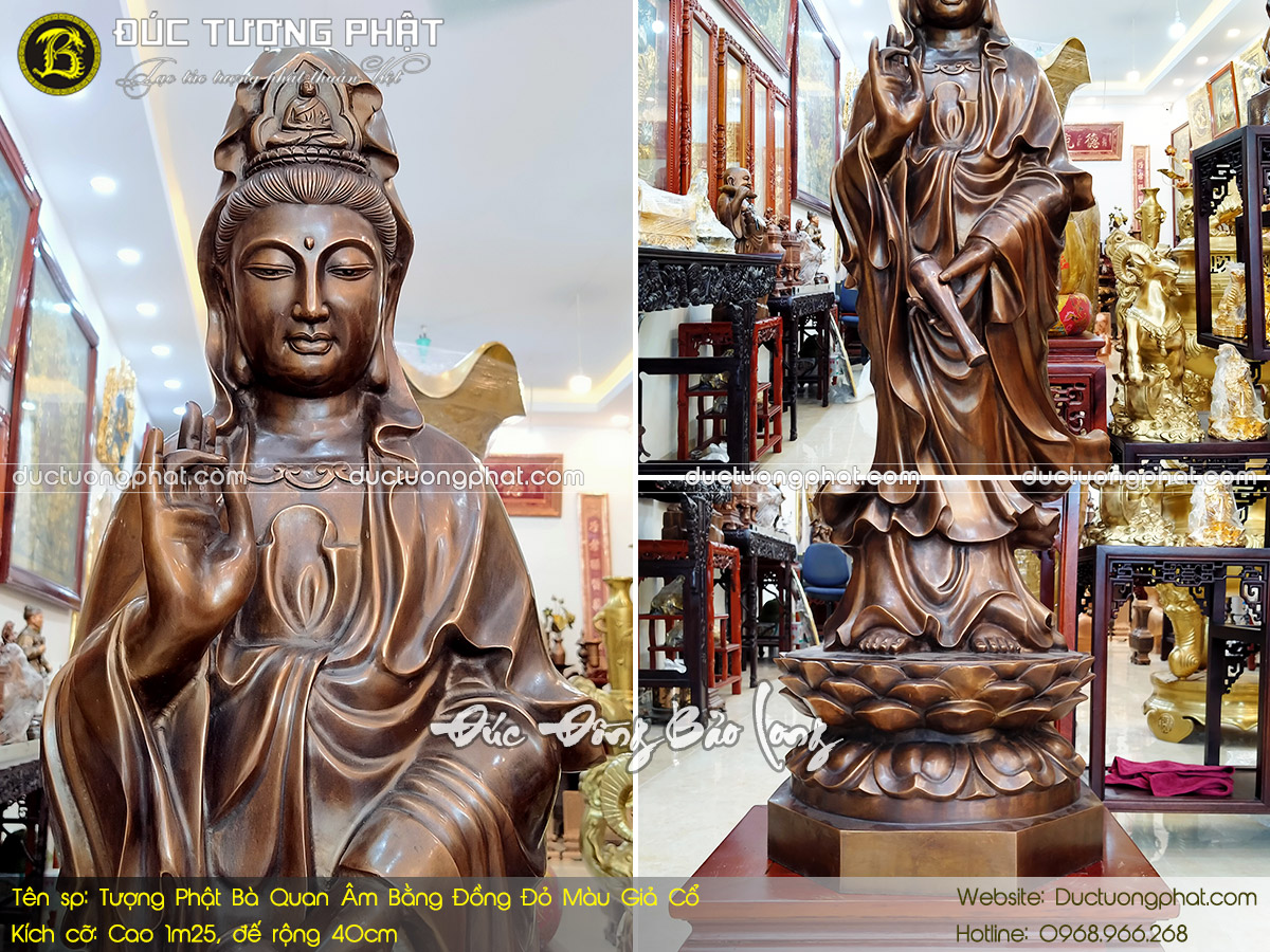 Tượng Phật Bà Quan Âm Bằng Đồng Đỏ Cao 1m25 Màu Giả Cổ 3
