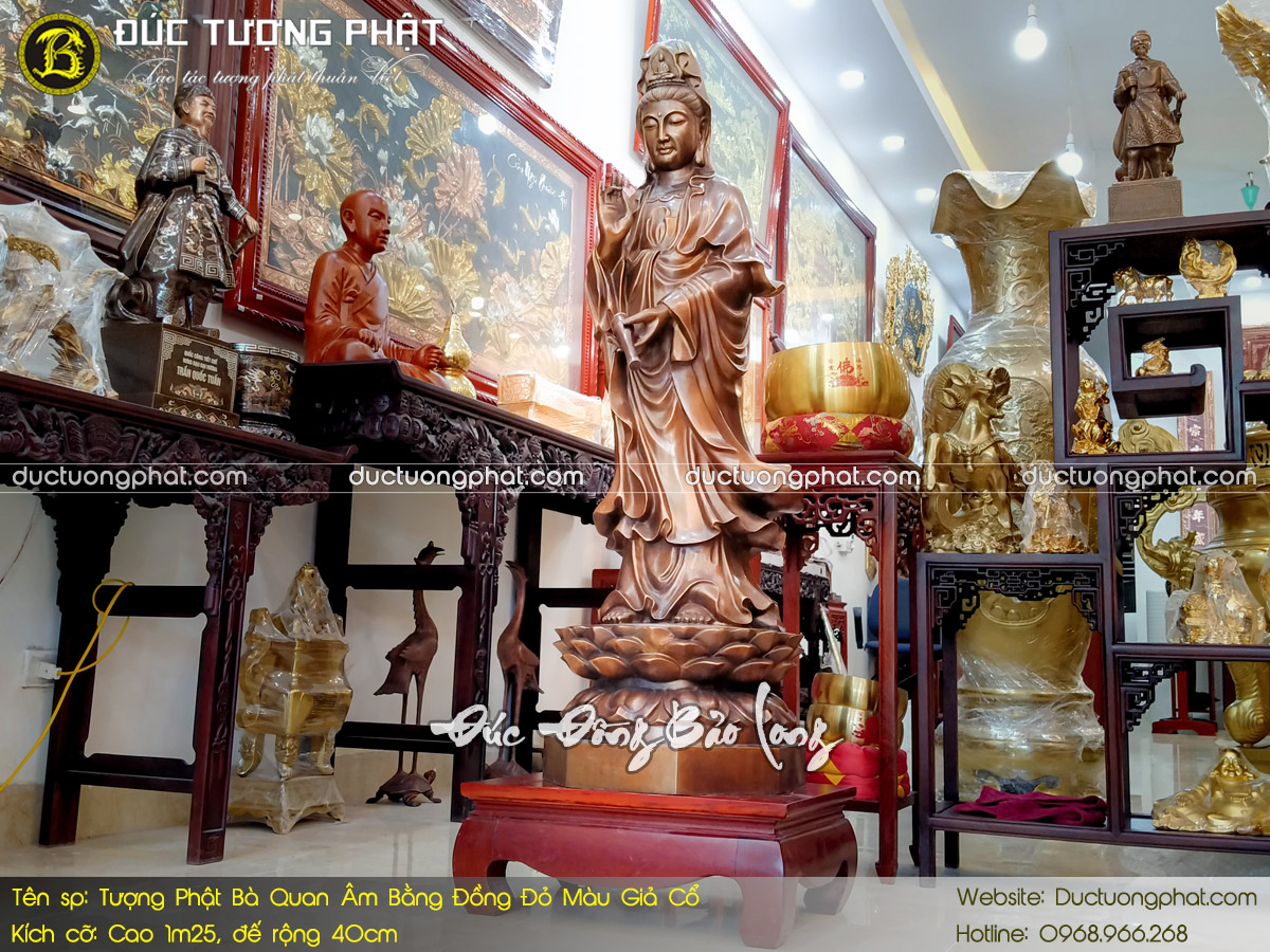 Tượng Phật Bà Quan Âm Bằng Đồng Đỏ Cao 1m25 Màu Giả Cổ 4