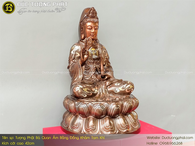 Tượng Phật Bà Quan Âm Bằng Đồng 42cm Khảm Tam Khí 3