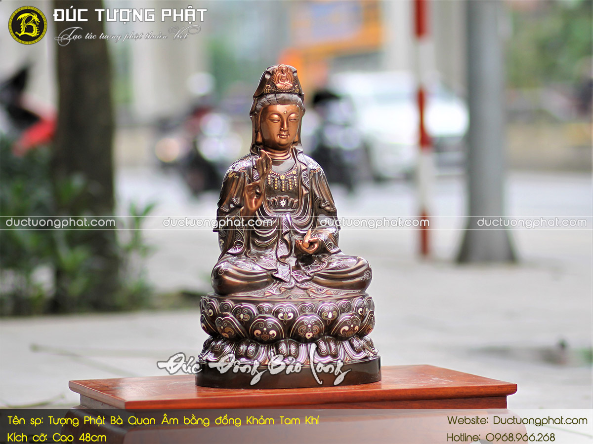 Tượng Phật Bà Quan Âm Bằng Đồng 38cm Khảm Tam Khí 2
