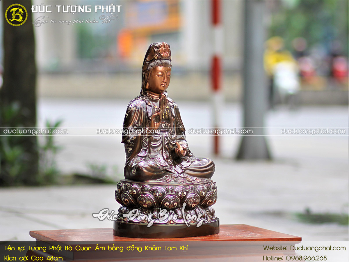 Tượng Phật Bà Quan Âm Bằng Đồng 38cm Khảm Tam Khí 3