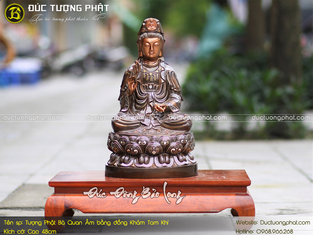 Tượng Phật Bà Quan Âm Bằng Đồng 38cm Khảm Tam Khí 5