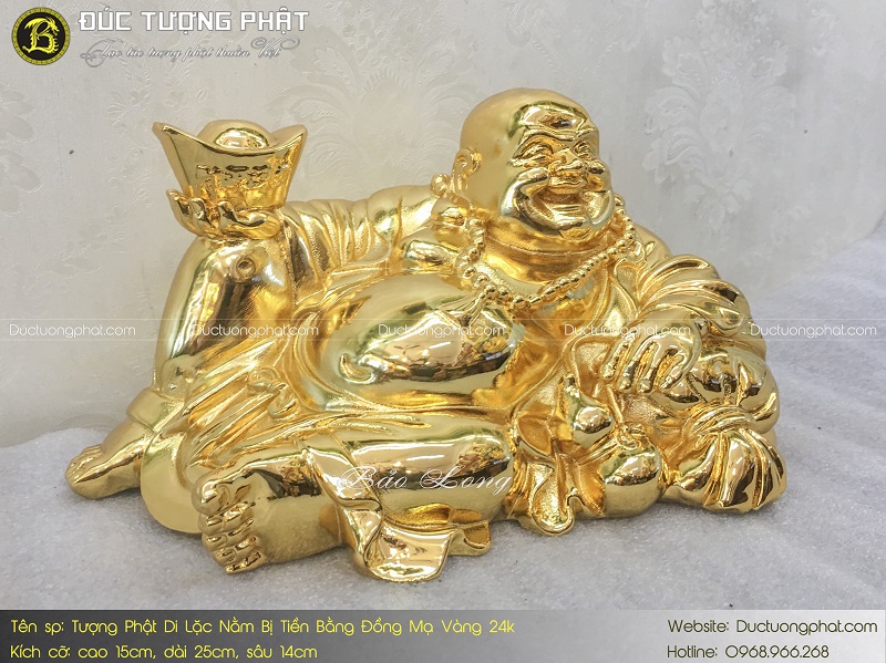 Tượng Phật Di Lặc Nằm Trên Bị Tiền Bằng Đồng Mạ Vàng 24k 3