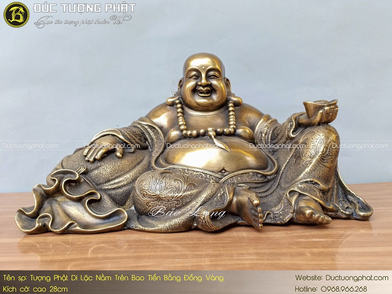 Tượng Phật Di Lặc Nằm Trên Bao Tải Tiền Bằng Đồng Vàng 28cm 2