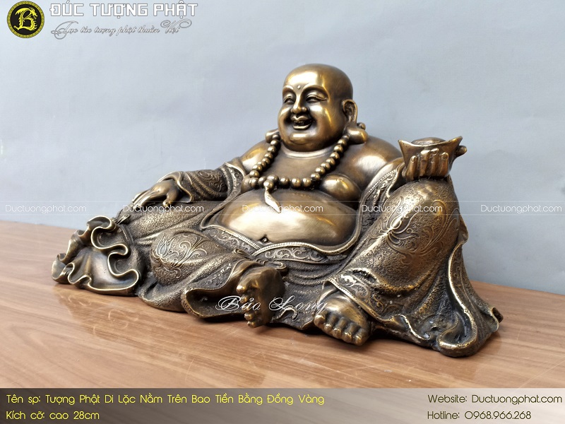 Tượng Phật Di Lặc Nằm Trên Bao Tải Tiền Bằng Đồng Vàng 28cm 4