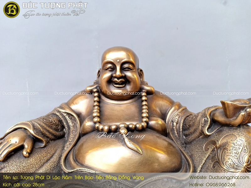 Tượng Phật Di Lặc Nằm Trên Bao Tải Tiền Bằng Đồng Vàng 28cm 5