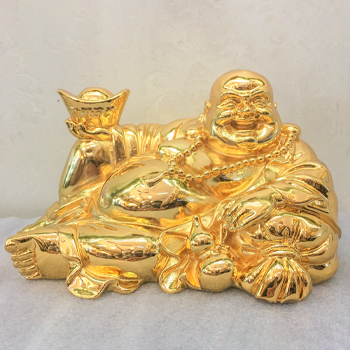 Tượng Phật Di Lặc Nằm Trên Bị Tiền Bằng Đồng 25cm Mạ Vàng 24k