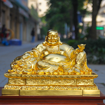 Tượng Phật Di Lặc Ngồi Bệ Sen Bằng Đồng Đỏ 35cm Dát Vàng 9999
