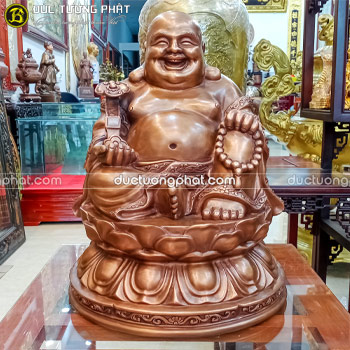 Tượng Phật Di Lặc Ngồi Bệ Sen Bằng Đồng Đỏ Cao 48cm Màu Trầm Cổ