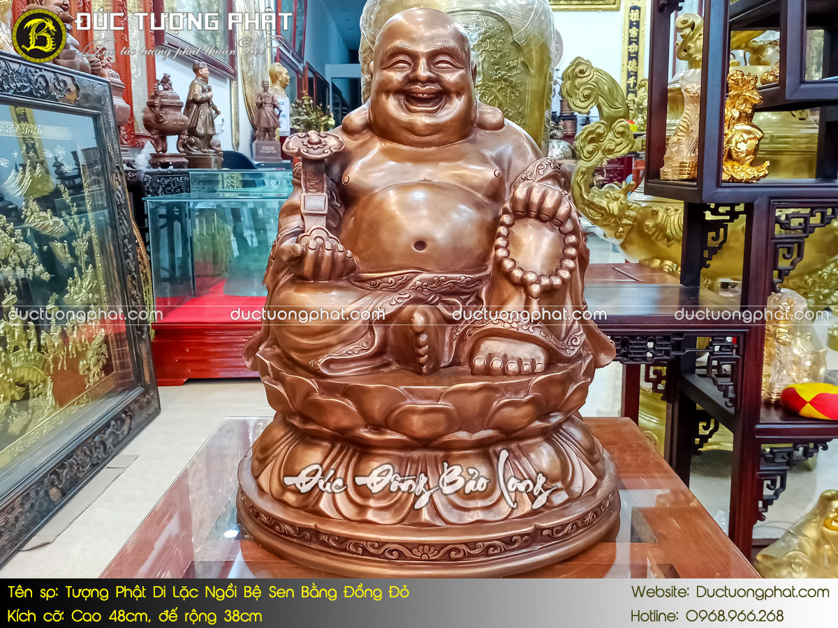 Tượng Phật Di Lặc Ngồi Bệ Sen Bằng Đồng Đỏ Cao 48cm Màu Trầm Cổ 2