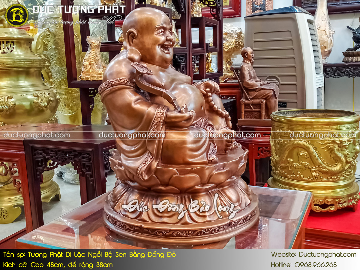 Tượng Phật Di Lặc Ngồi Bệ Sen Bằng Đồng Đỏ Cao 48cm Màu Trầm Cổ 3