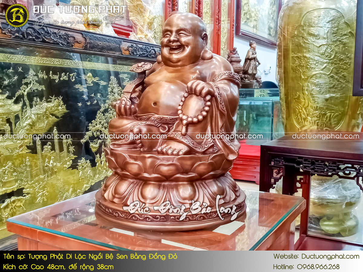 Tượng Phật Di Lặc Ngồi Bệ Sen Bằng Đồng Đỏ Cao 48cm Màu Trầm Cổ 4
