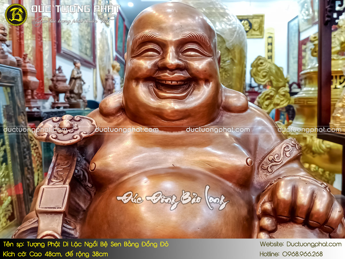 Tượng Phật Di Lặc Ngồi Bệ Sen Bằng Đồng Đỏ Cao 48cm Màu Trầm Cổ 5
