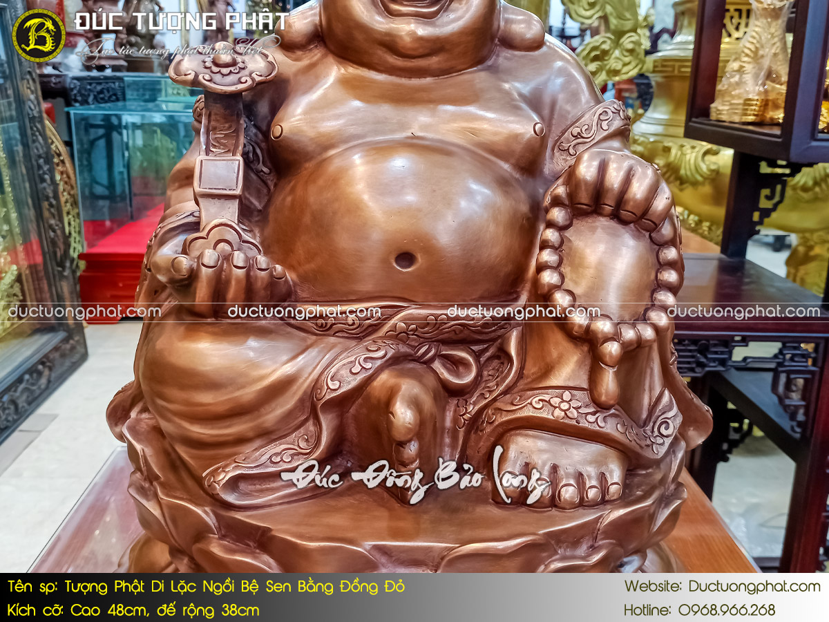 Tượng Phật Di Lặc Ngồi Bệ Sen Bằng Đồng Đỏ Cao 48cm Màu Trầm Cổ 6