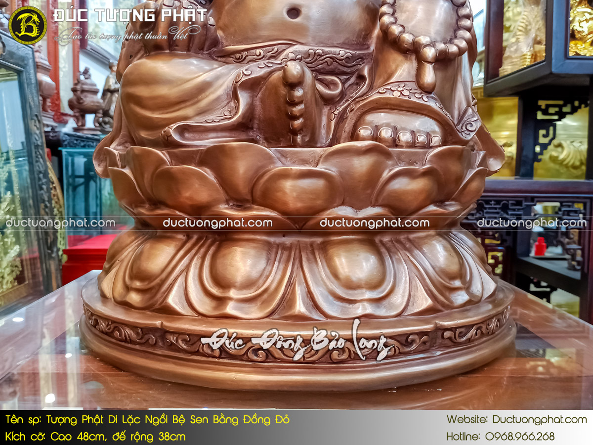 Tượng Phật Di Lặc Ngồi Bệ Sen Bằng Đồng Đỏ Cao 48cm Màu Trầm Cổ 7