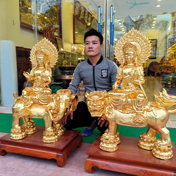 Tượng Văn Thù Phổ Hiền Bằng Đồng 89cm Dát Vàng 9999